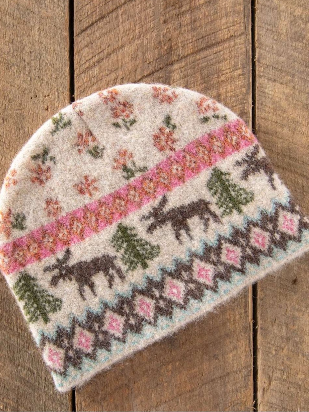NATURAL LIFE Kids Fair Isle Moose Beanie - Cream, Pink & Green